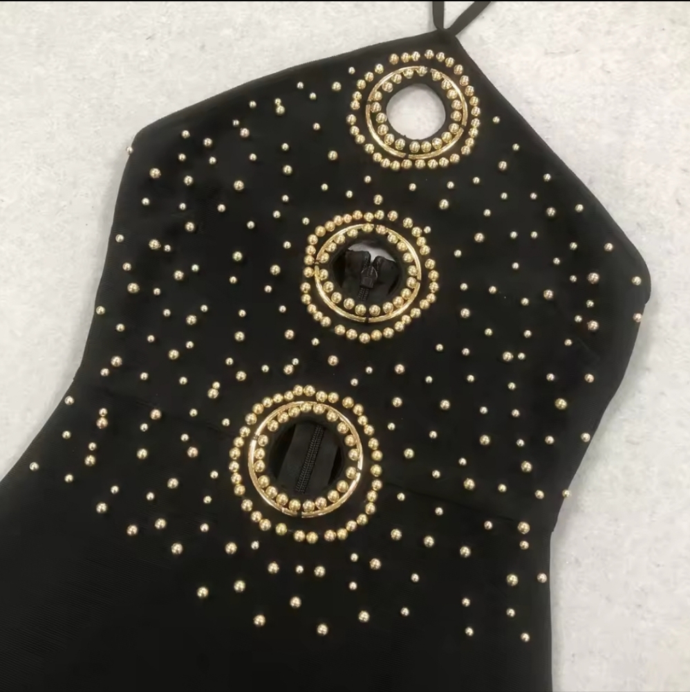 Black Color Women Sexy Halter Off the Shoulder GoldenBeading Bodycon Bandage - Picture 7 of 7
